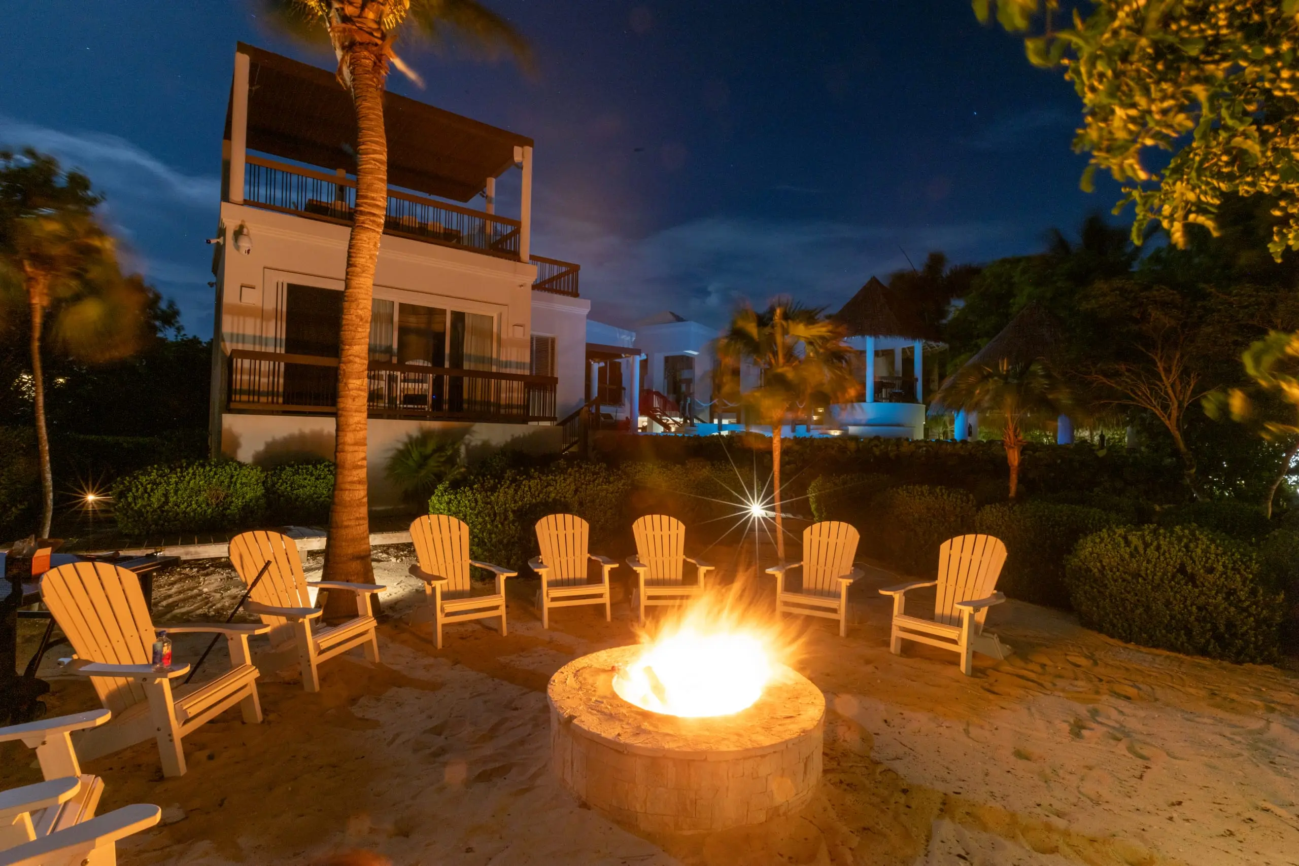 The fire pit on the beachyard at dusk
