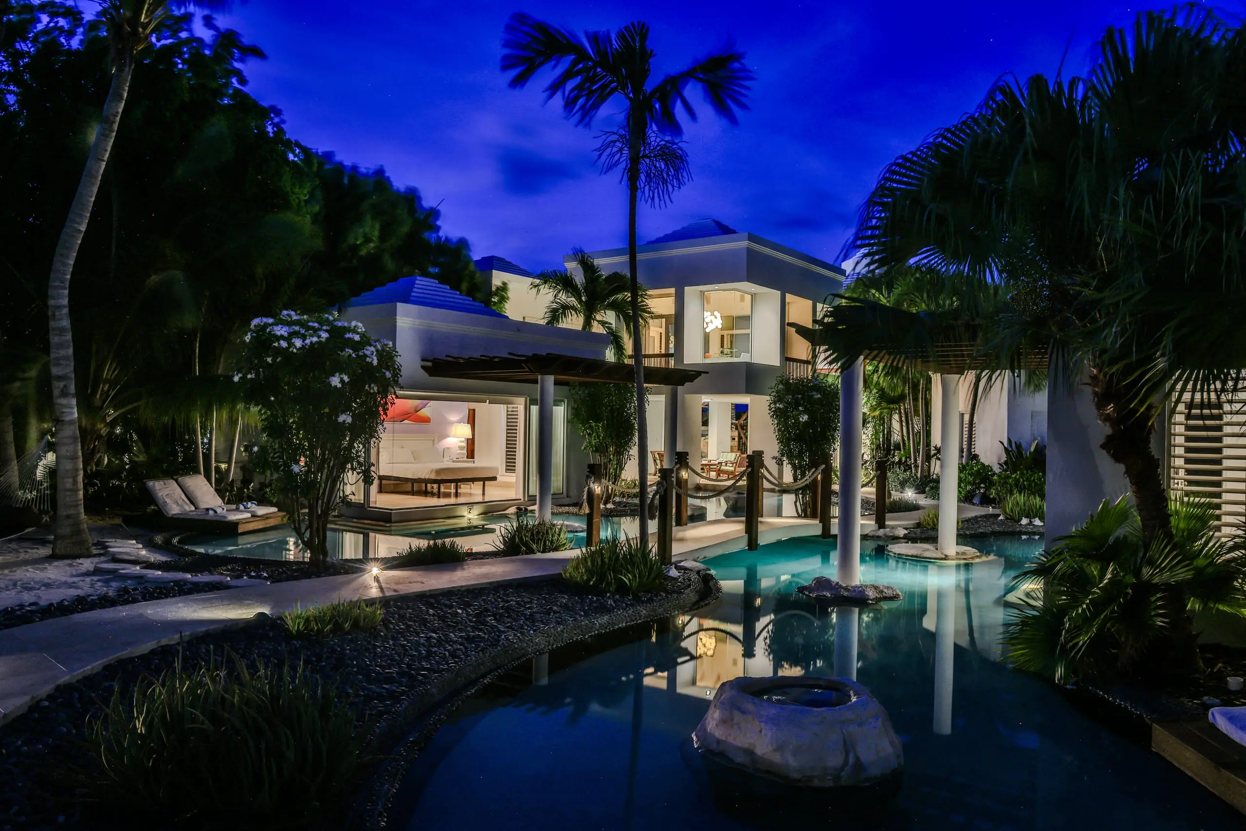 The lagoon pool lit at night